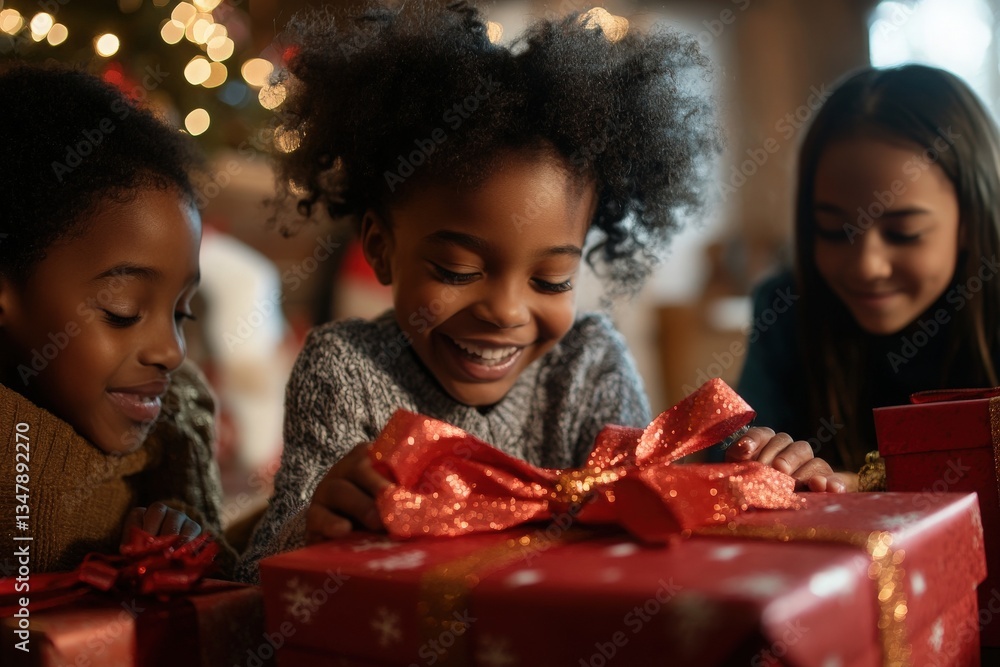 Three young children gather excitedly around beautifully wrapped gifts, enjoying the thrill of Christmas morning. The warm holiday atmosphere is enhanced by twinkling lights in the background.