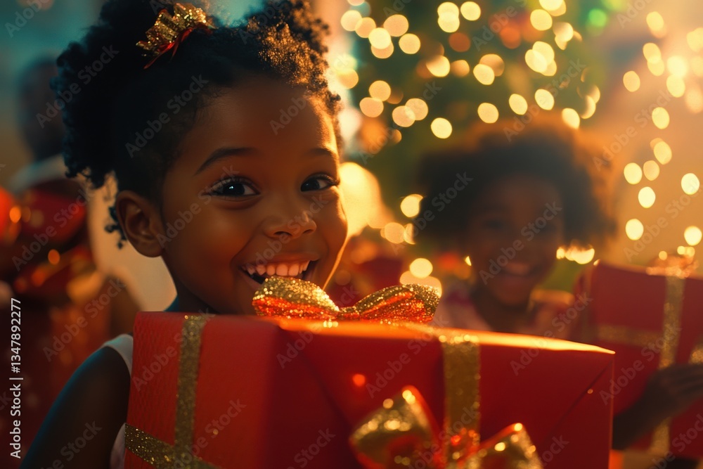 Two joyful children hold colorful presents under twinkling lights, embodying the spirit of celebration. The environment is filled with warmth and excitement typical of holiday gatherings.