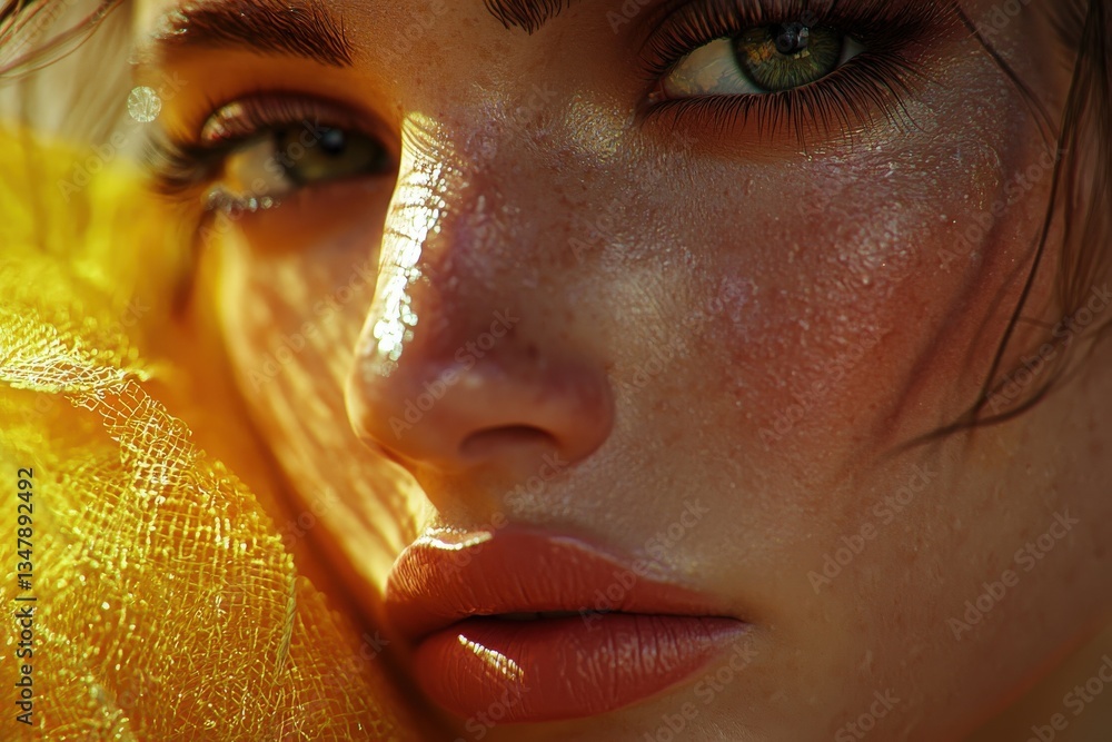 A woman with captivating green eyes and full lips is softly illuminated by natural light.