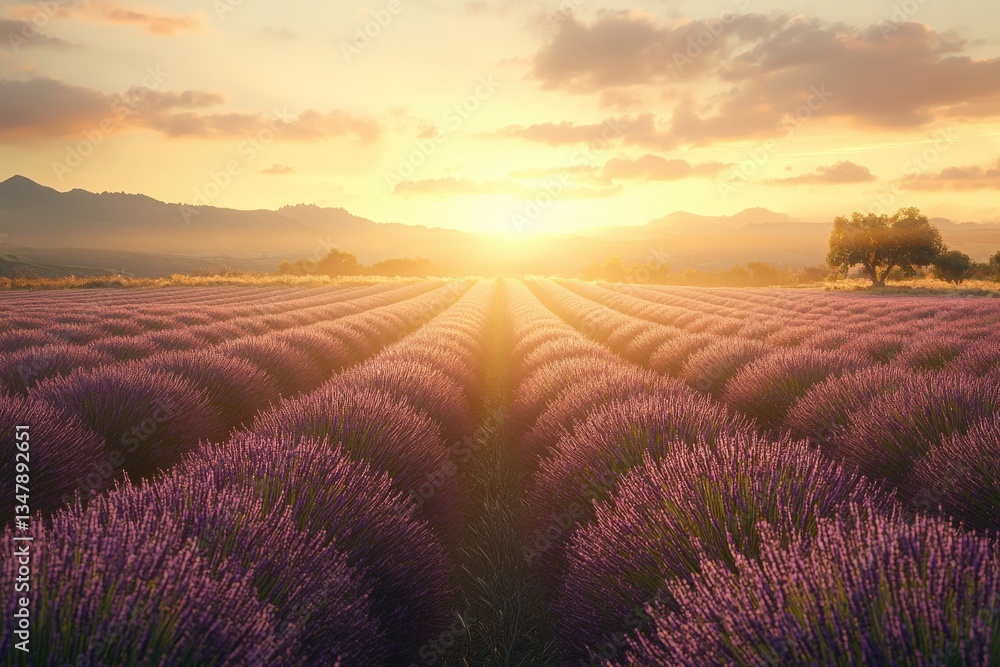Rows of vibrant lavender stretch across the landscape, illuminated by a warm sunset. Gentle hills frame the background, creating a tranquil setting that invites relaxation and reflection.