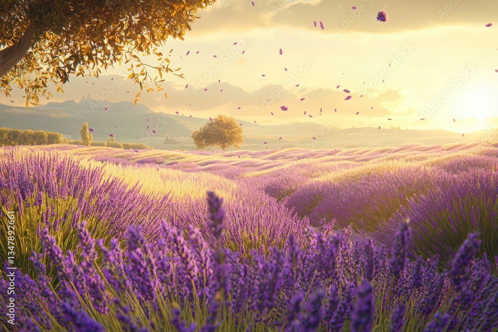 A vibrant field of lavender stretches under a golden sunset. The gentle breeze causes petals to dance in the air, creating a serene and picturesque atmosphere in the countryside.