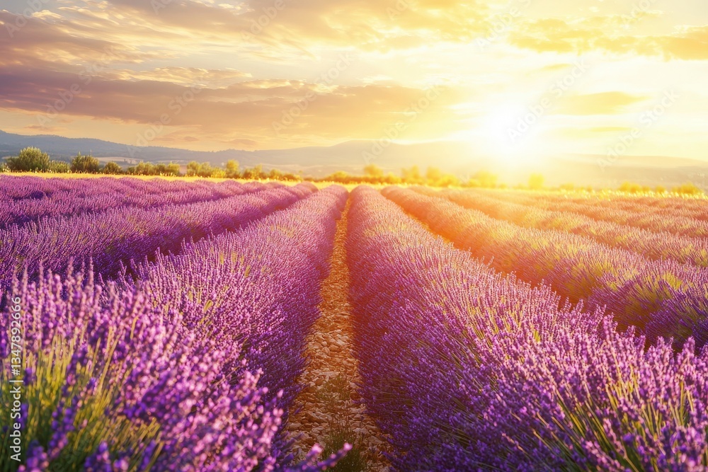 Rows of vibrant lavender flowers stretch across a landscape, highlighted by the warm hues of a sunset. A serene atmosphere envelops the fields, with distant mountains providing a beautiful backdrop.