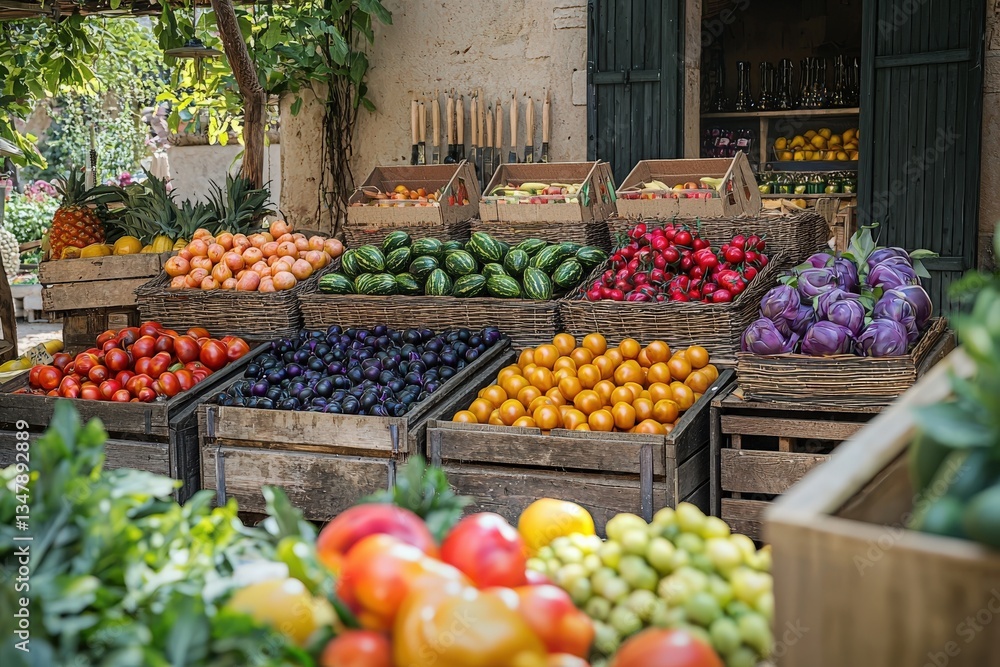 Colorful assortment of fresh fruits and vegetables displayed in wooden crates at a busy market. Bright oranges, greens, and reds create an inviting atmosphere in the open-air setting.