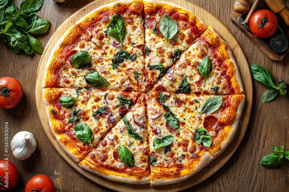 A round pizza sits on a wooden board, topped with fresh basil, tomato sauce, and melted cheese. Red tomatoes and garlic cloves surround the pizza, adding to the kitchen ambiance.