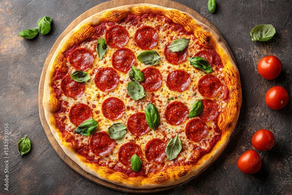 This dish displays a freshly baked pepperoni pizza topped with melted cheese, vibrant pepperoni slices, and aromatic basil leaves. Ripe tomatoes are placed beside the pizza, enhancing its appeal.