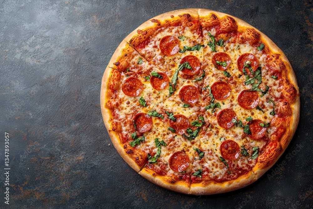 A round pepperoni pizza topped with melted cheese and fresh basil sits on a dark textured surface. The pizza features a golden crust and a rich tomato sauce, inviting a flavorful experience.