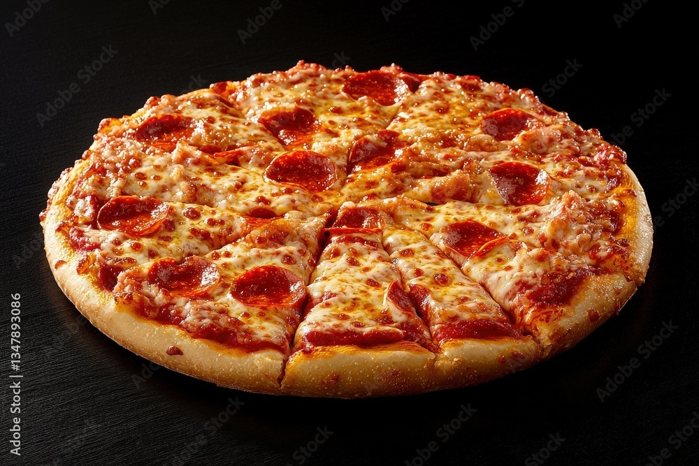 A delicious round pizza topped with melted cheese and slices of pepperoni, freshly baked, and presented on a black surface, showcasing its golden crust and savory toppings.