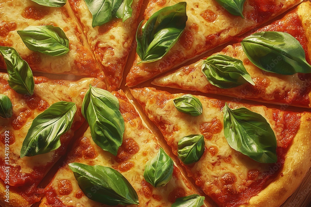 Delicious pizza is cut into slices, showcasing golden melted cheese and vibrant green basil leaves. The crust is perfectly baked, making it a tempting dish perfect for any gathering.