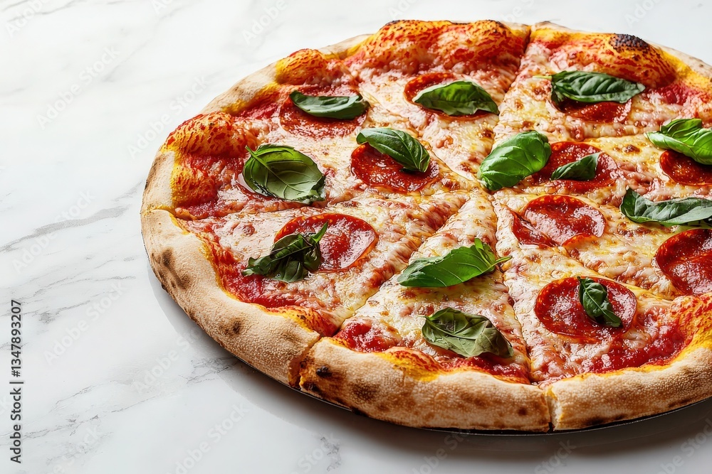 A round pizza with slices of pepperoni and fresh basil leaves laid on a marble countertop. The crust is golden brown and the cheese is melted, creating an appetizing appearance.
