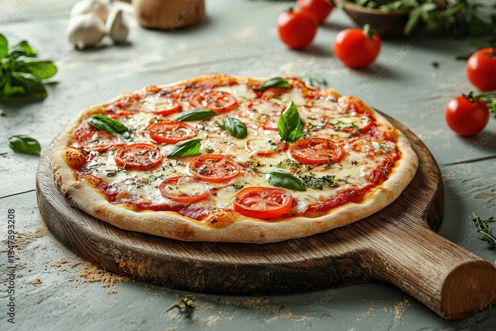 A delicious pizza topped with fresh tomatoes, basil, and melted cheese sits on a wooden board in a cozy kitchen. Vibrant ingredients surround the pizza, enhancing its appeal.