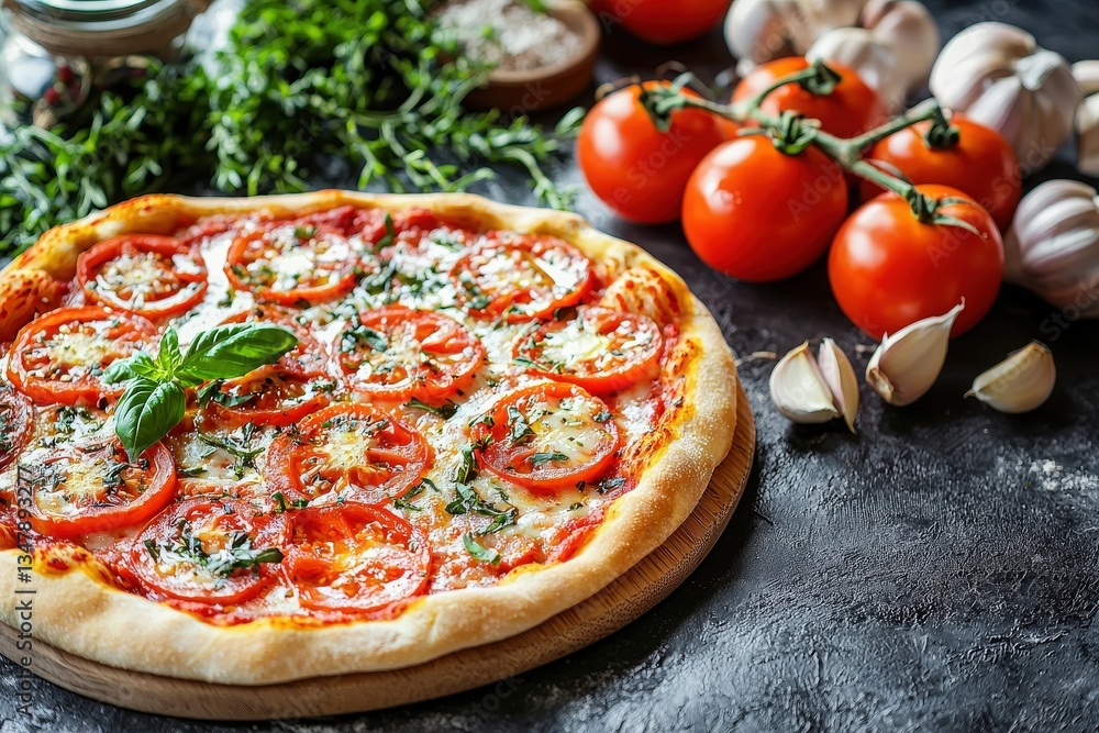 A circular homemade pizza sits on a wooden board, featuring layers of sliced tomatoes, cheese, and vibrant basil. Fresh tomatoes and garlic are placed nearby, enhancing the preparation vibe.