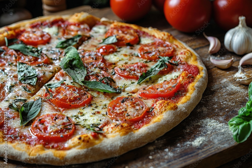 Freshly baked pizza rests on a wooden surface, adorned with vibrant tomato slices and aromatic basil leaves. Surrounding ingredients like garlic and tomatoes enhance the inviting culinary atmosphere.