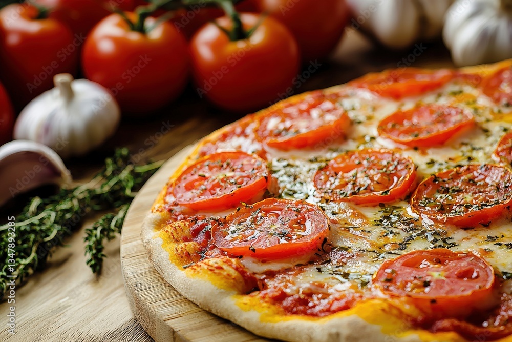 Homemade pizza sits on a wooden board, adorned with sliced tomatoes and herbs. Nearby, ripe tomatoes and garlic cloves complement the rustic kitchen atmosphere, highlighting fresh ingredients.