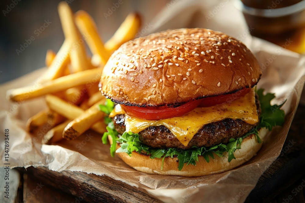 A mouthwatering cheeseburger features melted cheddar cheese, fresh lettuce, and tomato, accompanied by crispy golden fries. The setting is casual and inviting, perfect for lunch or dinner.