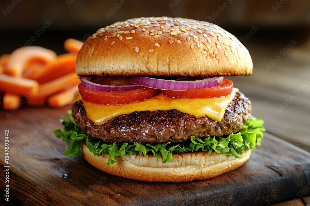 A delicious cheeseburger sits on a wooden surface, featuring a perfectly grilled patty, melted cheese, lettuce, tomato, and red onion, all enclosed in a sesame seed bun.