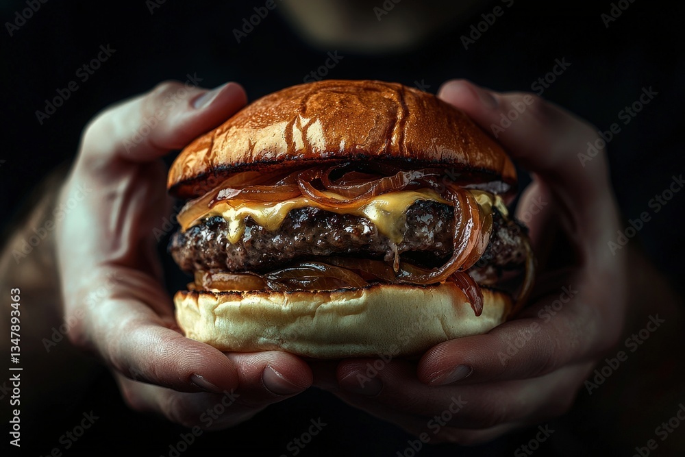 Hands grasp a tasty burger featuring a thick beef patty, melted cheese, and sweet caramelized onions. The dark background emphasizes the deliciousness of this savory meal, inviting appetite.