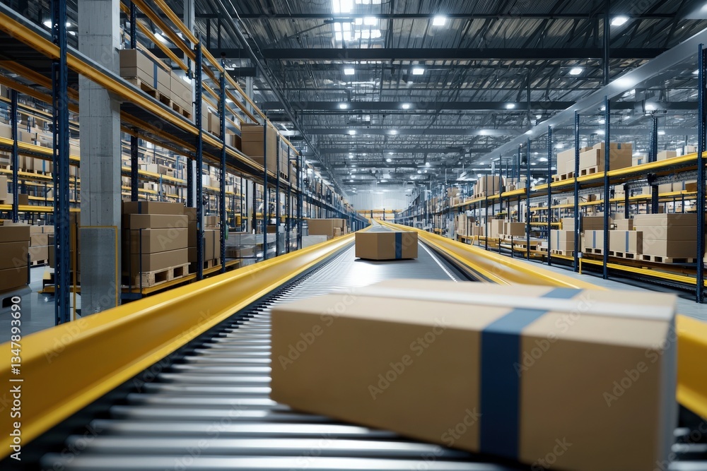 A conveyor belt is transporting brown cardboard boxes within a large, well-lit warehouse. High shelves lined with more boxes create an organized and efficient logistics environment.