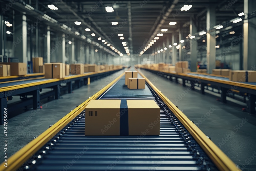 A busy warehouse features a conveyor system moving numerous packages along a long track. The interior is well-lit, showcasing the efficient flow of goods ready for delivery.