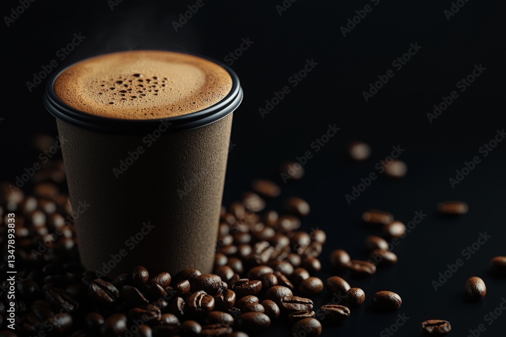 A brown paper coffee cup with frothy coffee sits atop scattered roasted coffee beans against a dark backdrop, creating a warm and inviting atmosphere for coffee lovers.