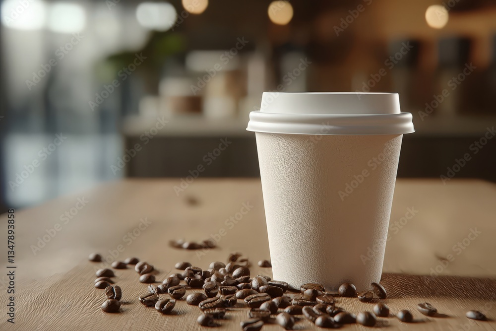 A white disposable coffee cup sits on a wooden table surrounded by scattered roasted coffee beans. The warm, inviting atmosphere enhances the coffee experience in this cafe.