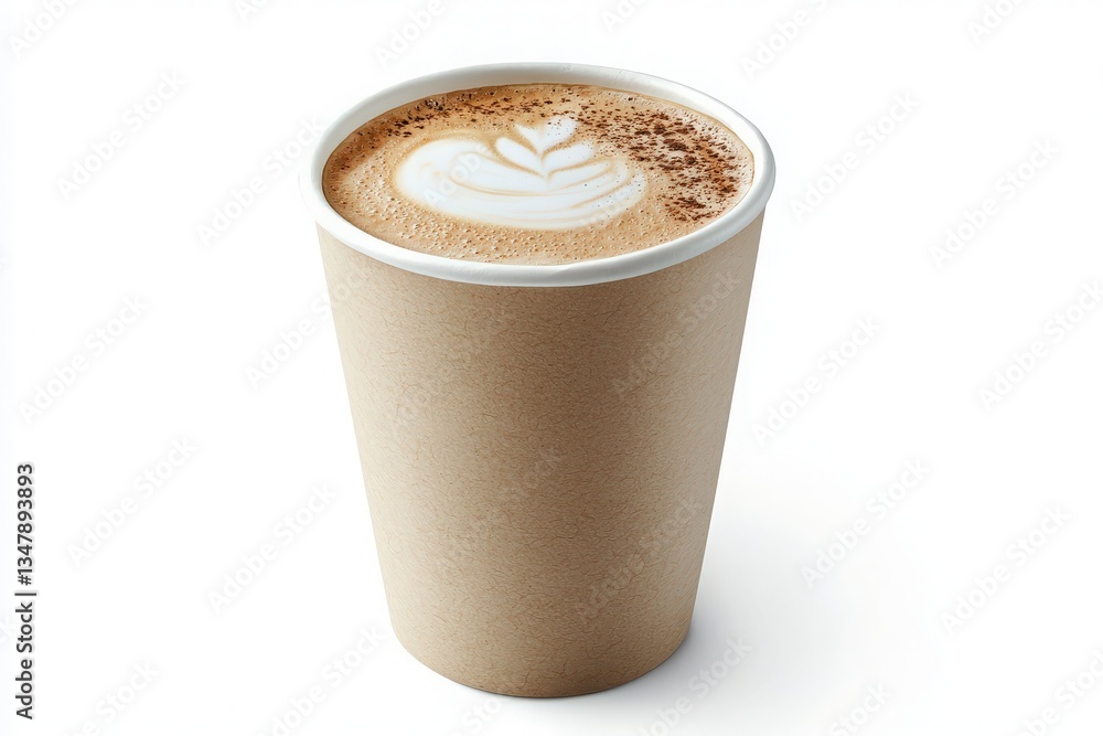 A warm, creamy cup of coffee sits elegantly in a plain cardboard cup. The surface features intricate latte art, showcasing an inviting design. This moment captures comfort and warmth.