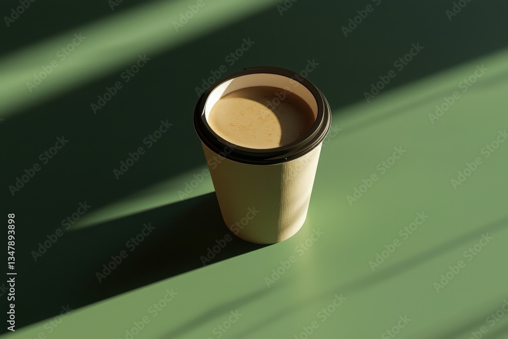 A paper cup containing a warm drink sits on a smooth green surface. Soft shadows stretch across the area, creating a calming ambiance. This setting feels inviting and cozy.