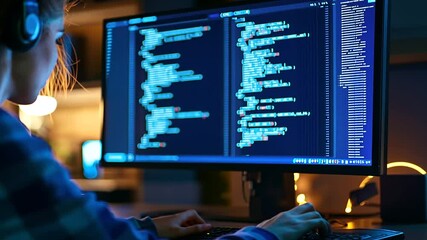 Wall Mural - a female hacker stealthily programs malware in a dimly lit basement.
