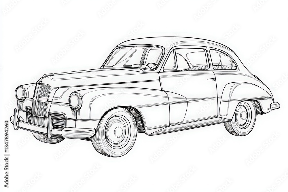 A detailed sketch of a vintage car from the 1940s, featuring elegant curves, round headlights, and a sleek body. The design captures the essence of classic automotive styling popular during that era.