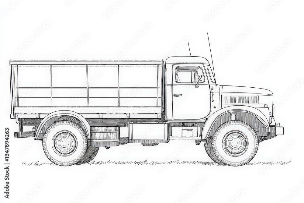 This detailed illustration depicts a vintage truck with a sturdy body and distinctive silhouette.