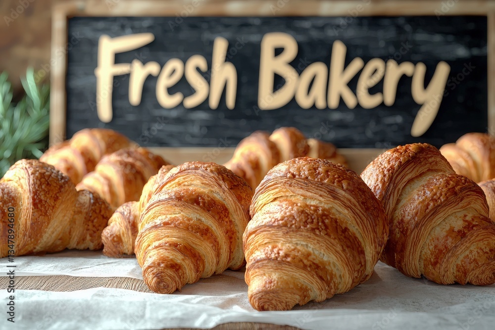 Freshly baked croissants are arranged neatly on a wooden surface, showcasing their flaky layers. A chalkboard sign highlights the fresh bakery theme, enhancing the inviting atmosphere.