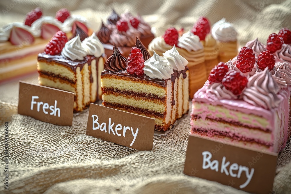 A variety of beautifully crafted cakes lined up at a bakery. Each cake features colorful layers, creamy frosting, and fresh raspberries. Wooden signs indicate freshness and bakery origin.