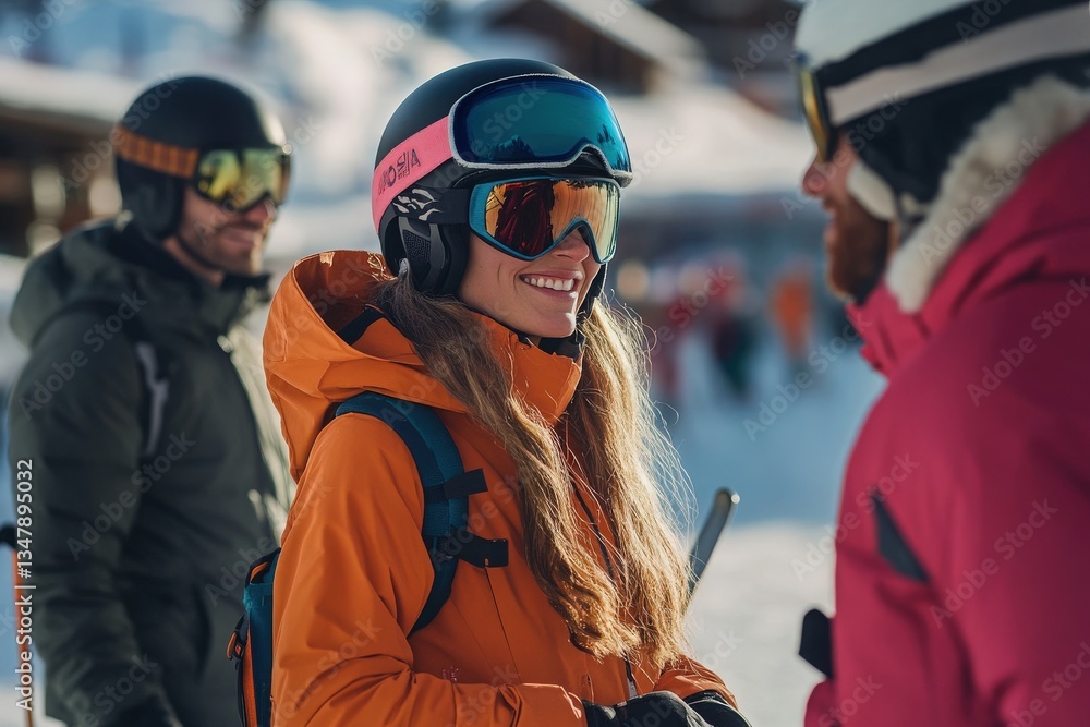 A cheerful skier wearing an orange jacket and goggles smiles and chats with friends at a ski resort. Snowy slopes and other skiers are visible in the background under clear skies.