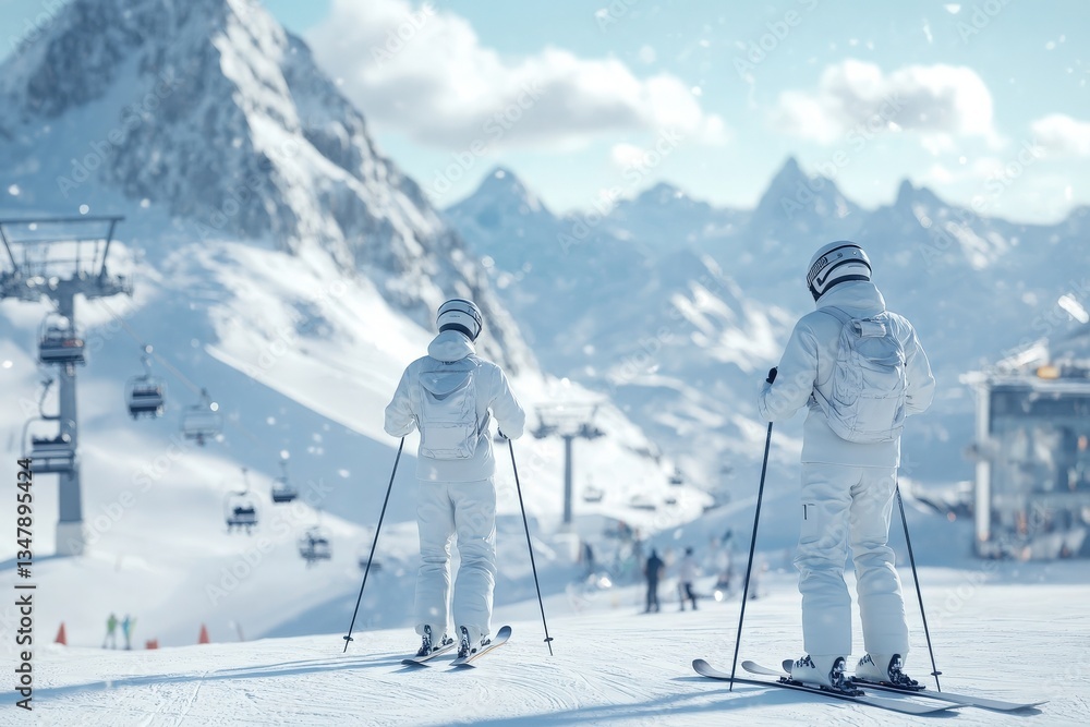 Two skiers in white gear stand on a snowy slope, preparing to descend. Majestic mountains and ski lifts are visible in the background, highlighting a perfect winter day.