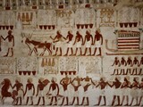 Egyptian hieroglyphics on artifacts at the archaeological site of the Valley of the Nobles in Luxor, Egypt.  