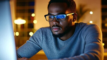 Wall Mural - dedicated male programmer coding intently in a dimly lit workspace late at night.