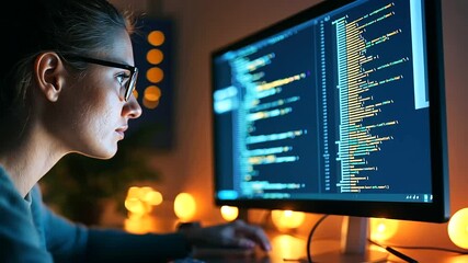 Wall Mural - a female hacker intensely programs malicious software in a dimly lit basement.
