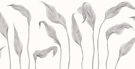 Wall Mural - art background with exotic leaves hand drawn in line art style. botanical banner for decor, print, t