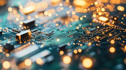 Abstract Close Up of a Teal Electronic Circuit Board with Golden Lights Representing Modern Technology and Hardware Engineering