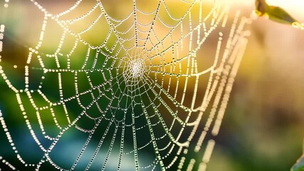 Dew-covered spider web glistening in morning light (1)