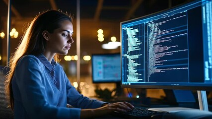 Wall Mural - a tech-savvy woman navigates finance coding with a dynamic 3d analytics interface.