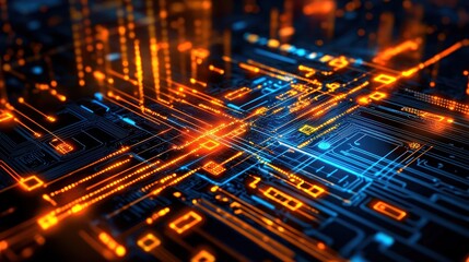 Abstract Circuit Board: Glowing Orange and Blue Digital Network