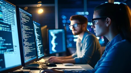 Wall Mural - team of developers working on cybersecurity enhancements in a low-lit workspace.