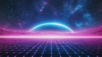 Wall Mural - retroverse horizon: a vibrant digital artwork that features a neon grid landscape with a surreal cel
