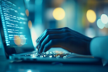 Focused coder typing on a laptop with blue coding interface and abstract background