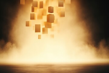 Wall Mural - golden cubes suspended in a spotlight. abstract, digital, 3d rendering, with warm lighting and hazy 