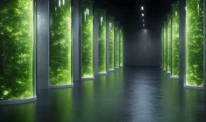 Poster - A futuristic room featuring tall, illuminated green columns filled with vibrant plant life, creating an immersive and serene atmosphere.
