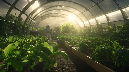 Poster - A futuristic greenhouse scene with astronauts tending to lush plants under a glowing sky, blending science and agriculture.