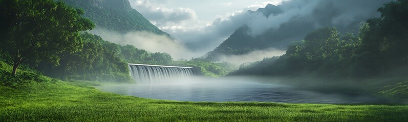 Poster - A serene landscape featuring a tranquil lake, lush greenery, and a cascading waterfall surrounded by misty mountains.