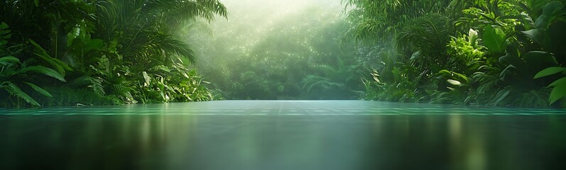 Leinwandbilder - A serene view of a tranquil water surface surrounded by lush greenery, illuminated by soft, diffused light, creating a peaceful natural atmosphere.