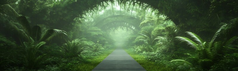 Poster - A lush, green forest path surrounded by dense foliage and mist, creating a serene and enchanting atmosphere.